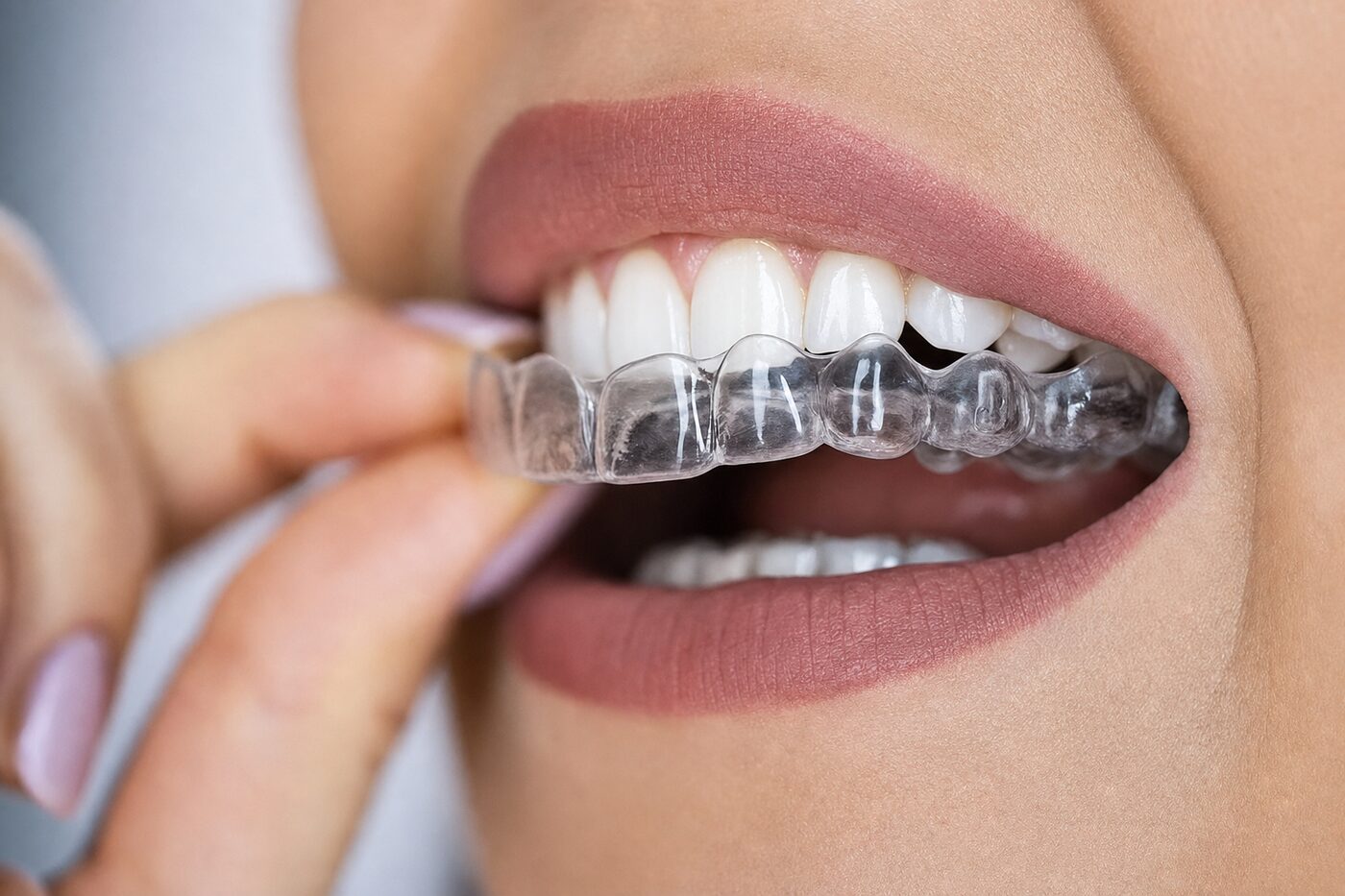 A clear removable aligner tray being placed over the upper teeth between finger and thumb.