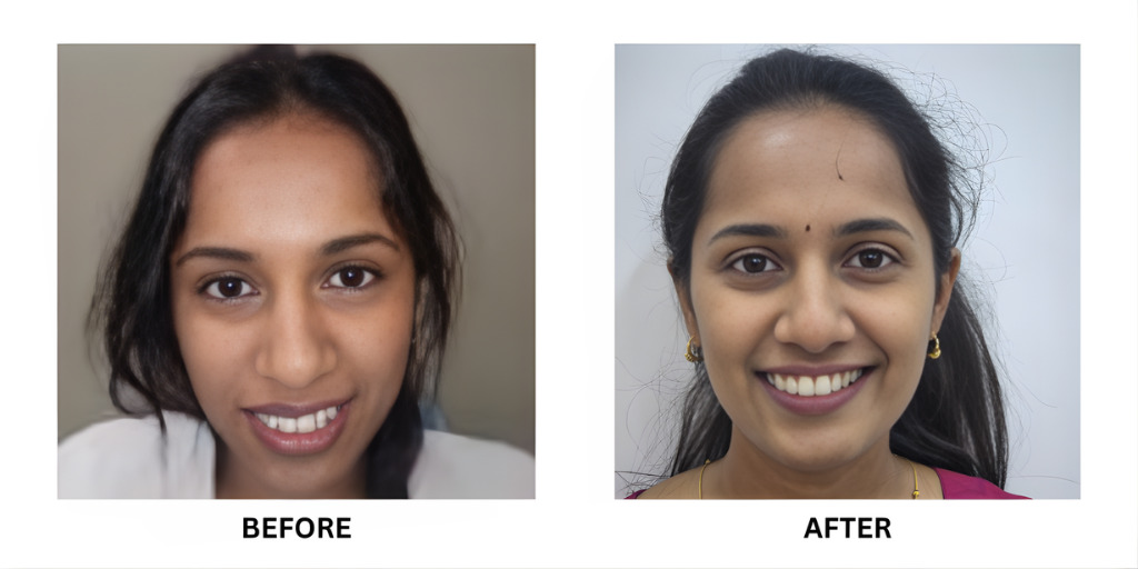 Before and after orthodontic treatment: plate 45 of 53 from the practice’s own record, the patient before treatment on the left and after treatment on the right.