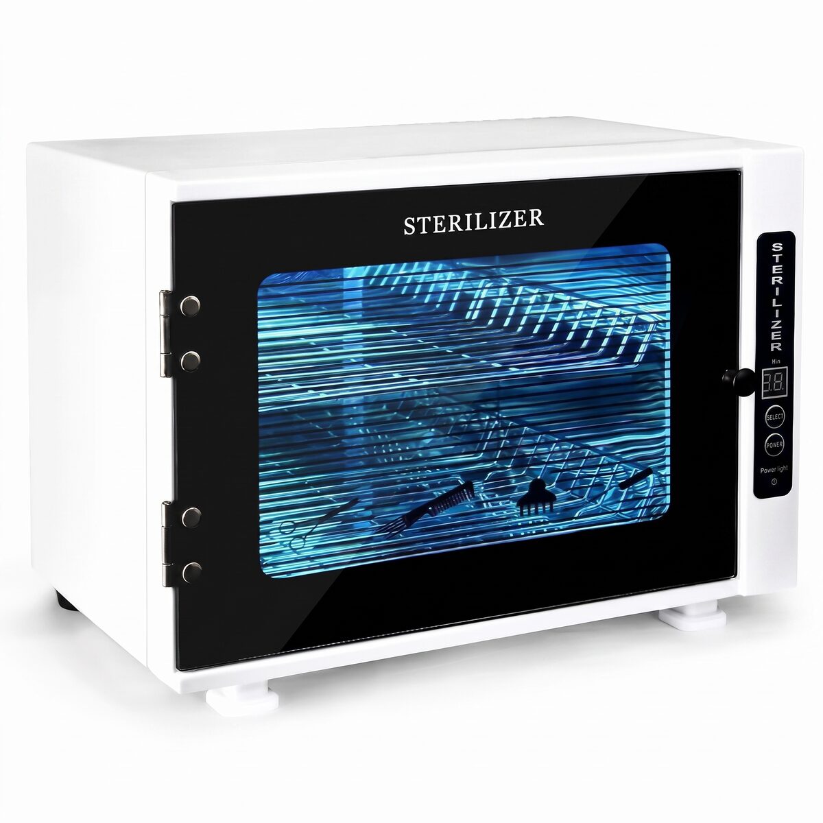 An ultraviolet sterilising cabinet with a glass door, its interior shelves lit by ultraviolet light.