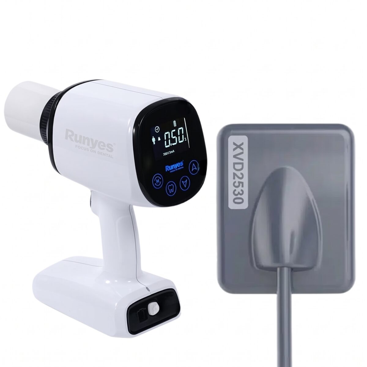 A handheld portable dental X-ray unit with its sensor plate, used to take a radiograph at the chair.