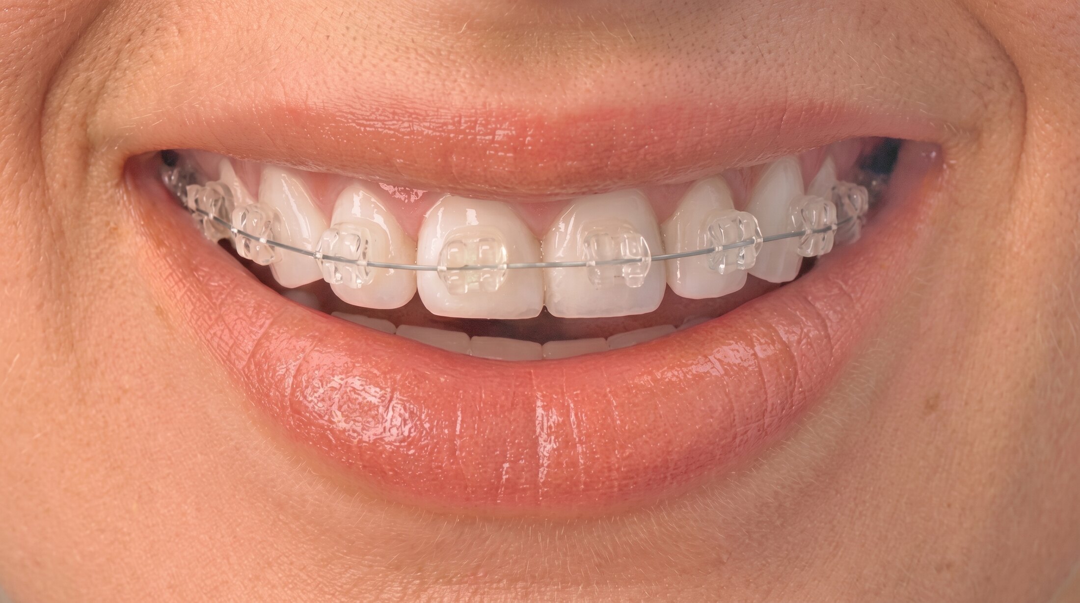 A close-up of a smile showing tooth-coloured ceramic braces across the upper teeth.