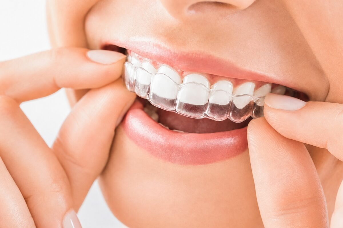 A clear removable aligner tray being placed over the upper teeth between finger and thumb.